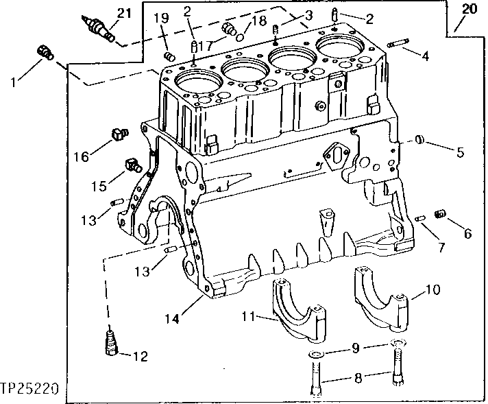 Схема запчастей John Deere 90D - 1 - CYLINDER BLOCK AND MAIN BEARING CAPS 404 - ENGINE 4