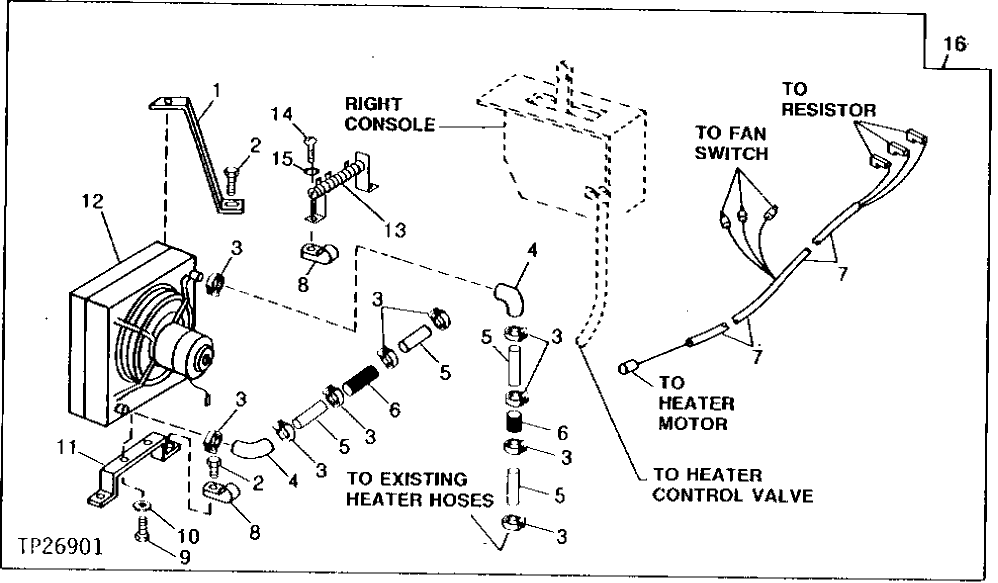 Схема запчастей John Deere 90D - 7 - HEATER MOUNTING BRACKETS, HOSE CONNECTORS AND WIRING HARNESS 1830 - OPERATORS STATION 18