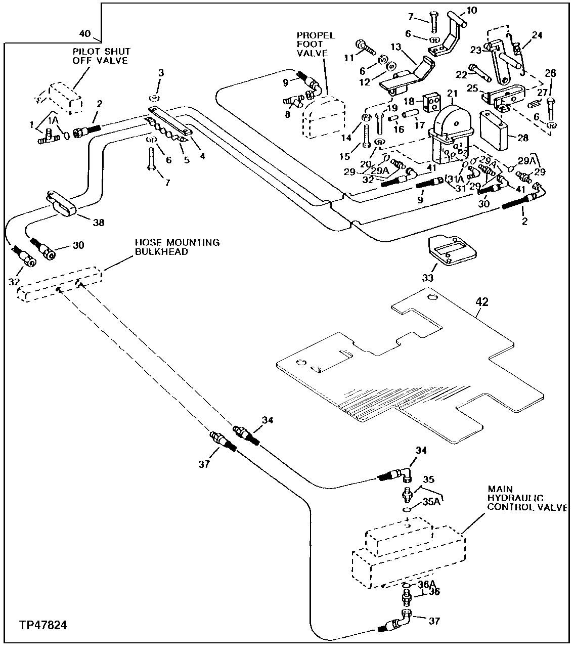 Схема запчастей John Deere 90D - 92 - AUXILIARY FUNCTION VALVE, HOSES, PEDAL, CIRCUIT RELIEF VALVES AND PEDAL LOCK 3360 - EXCAVATOR 33