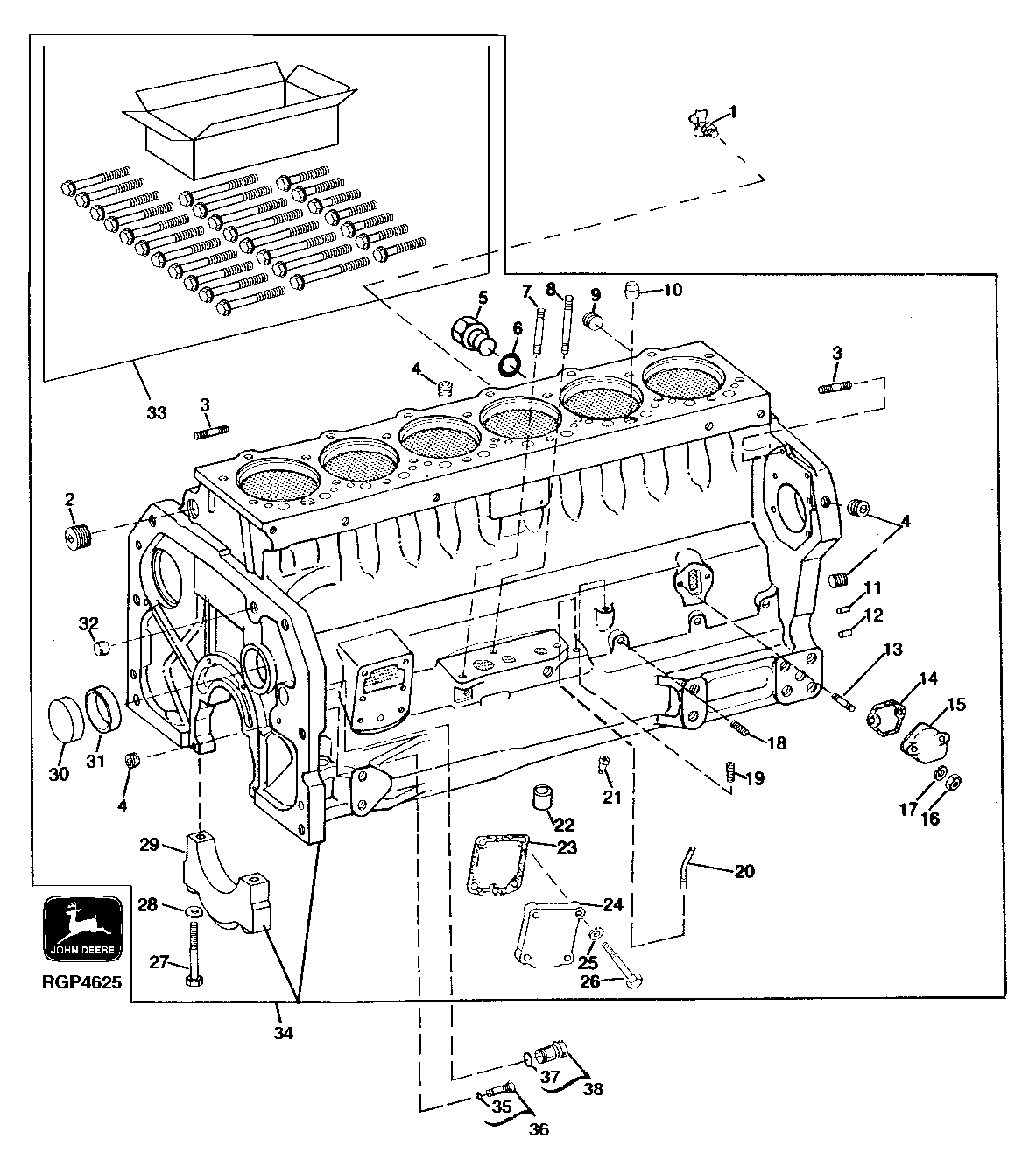 Схема запчастей John Deere 90D - 4 - REPLACEMENT CYLINDER BLOCK, FITTINGS AND MAIN BEARING CAPS 404 - ENGINE 4