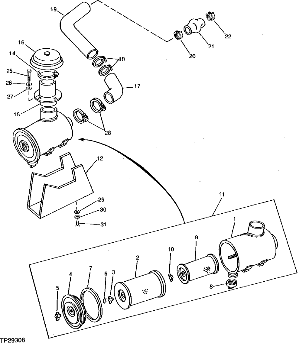 Схема запчастей John Deere 90D - 4 - AIR CLEANER, PIPING AND BRACKET 520 - ENGINE AUXILIARY SYSTEM 5