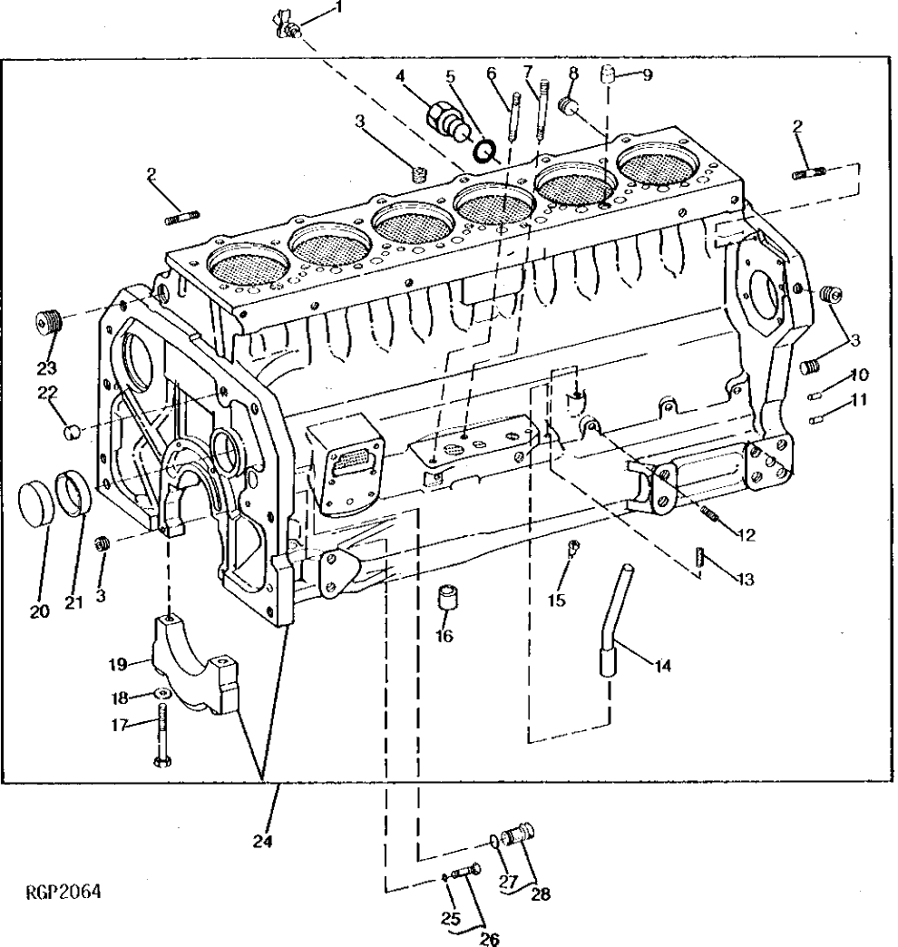 Схема запчастей John Deere 92DLC - 26 - CYLINDER BLOCK, FITTINGS AND MAIN BEARING CAPS (WITHOUT HEAD BOLTS) (239487 - 298997) 0404 Cylinder Block 6466AT014 6466AT014