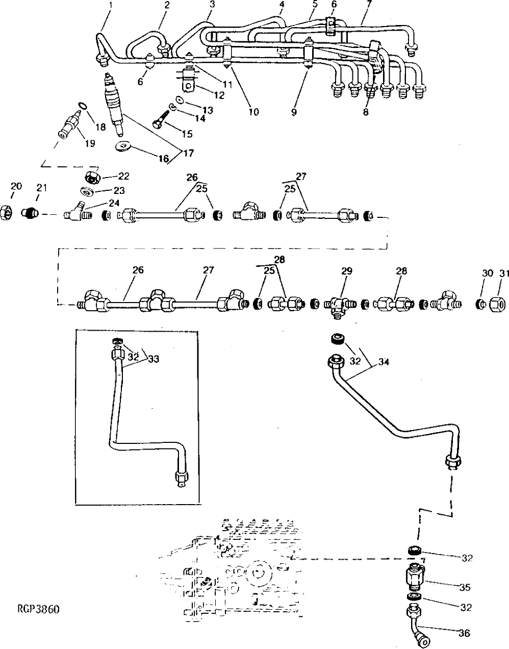 Схема запчастей John Deere 92DLC - 50 - Fuel Injection Nozzles and Lines (353774 - ) 0413 Fuel Injection System 6466AT014 6466AT014