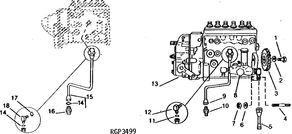 Схема запчастей John Deere 92DLC - 52 - FUEL INJECTION PUMP AND OIL LUBE LINE 0413 Fuel Injection System 6466AT014 6466AT014