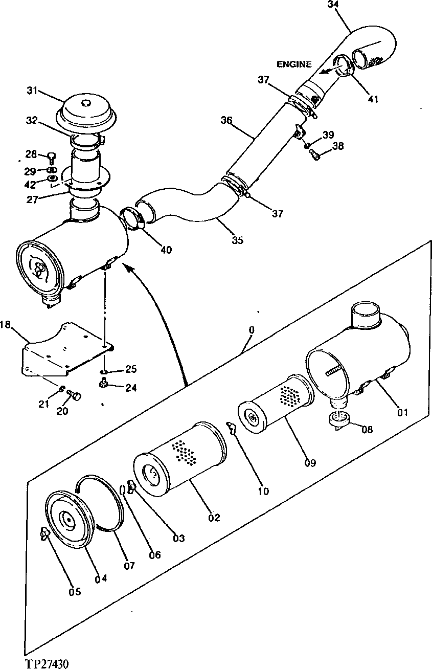 Схема запчастей John Deere 92DLC - 97 - Air Cleaner 0520 Intake System