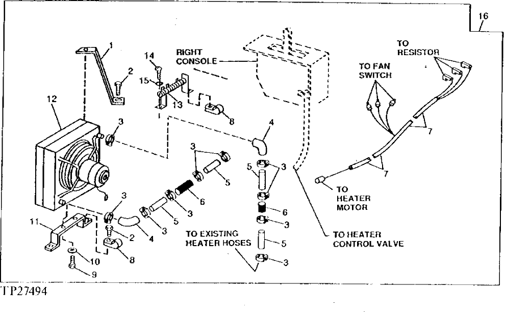 Схема запчастей John Deere 92DLC - 139 - HEATER MOUNTING BRACKETS, HOSE CONNECTORS AND WIRING HARNESS 1830 HEATING AND AIR CONDITIONING