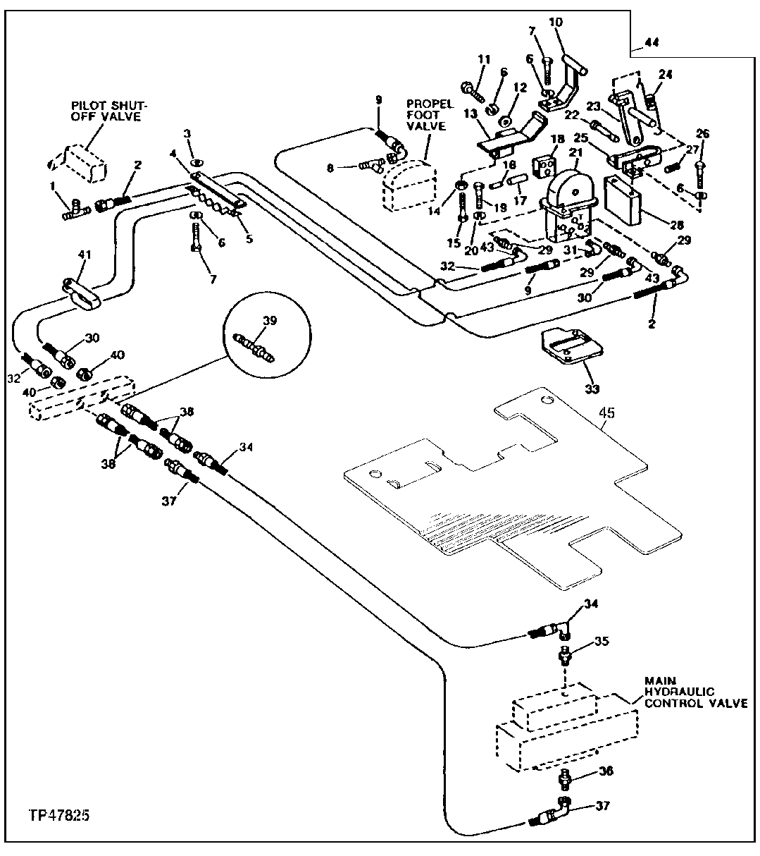 Схема запчастей John Deere 92DLC - 238 - AUXILIARY FUNCTION VALVE, HOSES, CIRCUIT RELIEF VALVES AND PEDAL LOCK 3360 HYDRAULIC SYSTEM