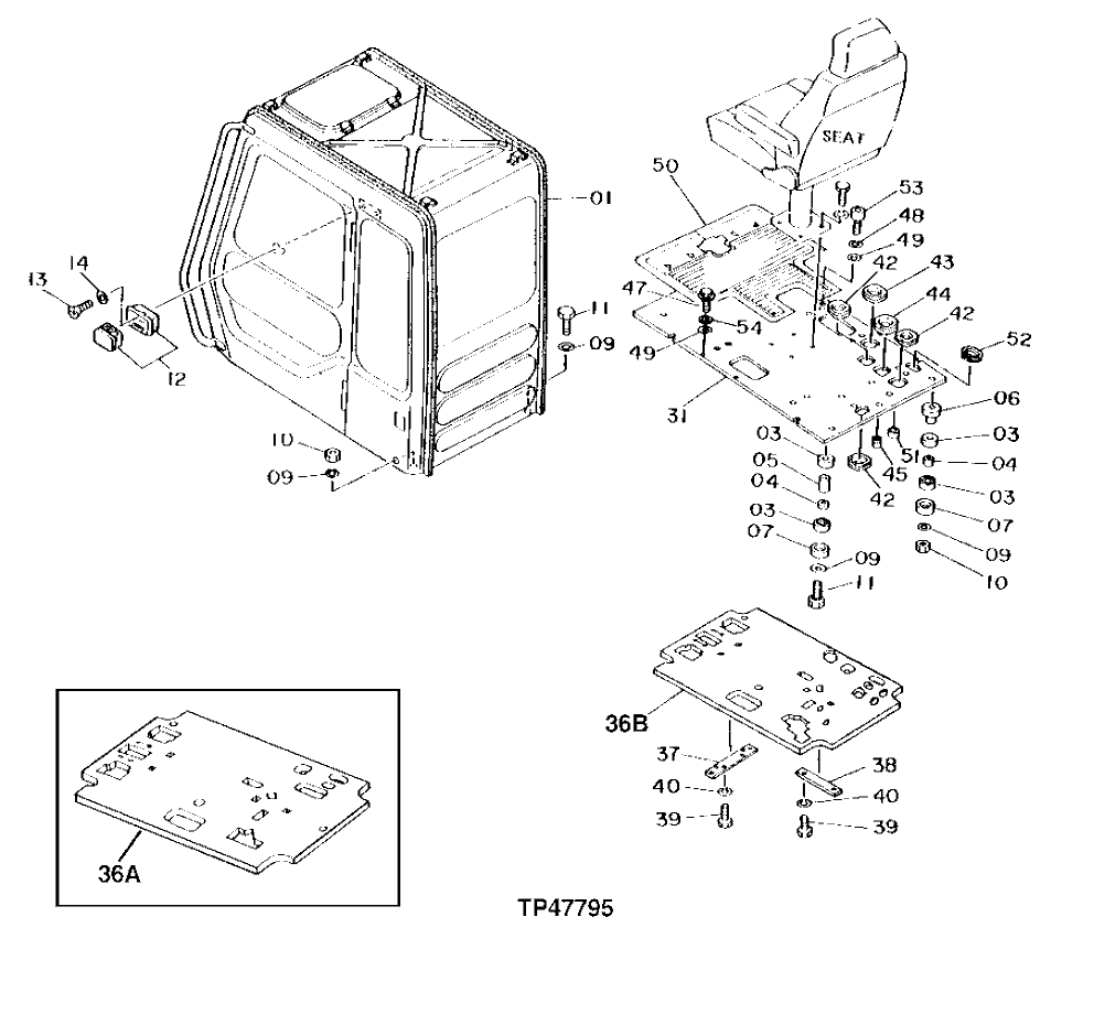 Схема запчастей John Deere 90D - 107 - Cab Floor and Cab Mounts 1810 Operator Enclosure