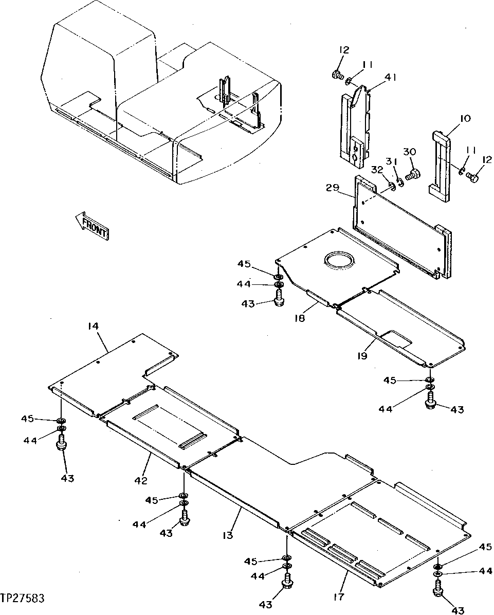 Схема запчастей John Deere 90D - 129 - BOTTOM COVERS AND SERVICE DOOR 1910 Hood Or Engine Enclosure