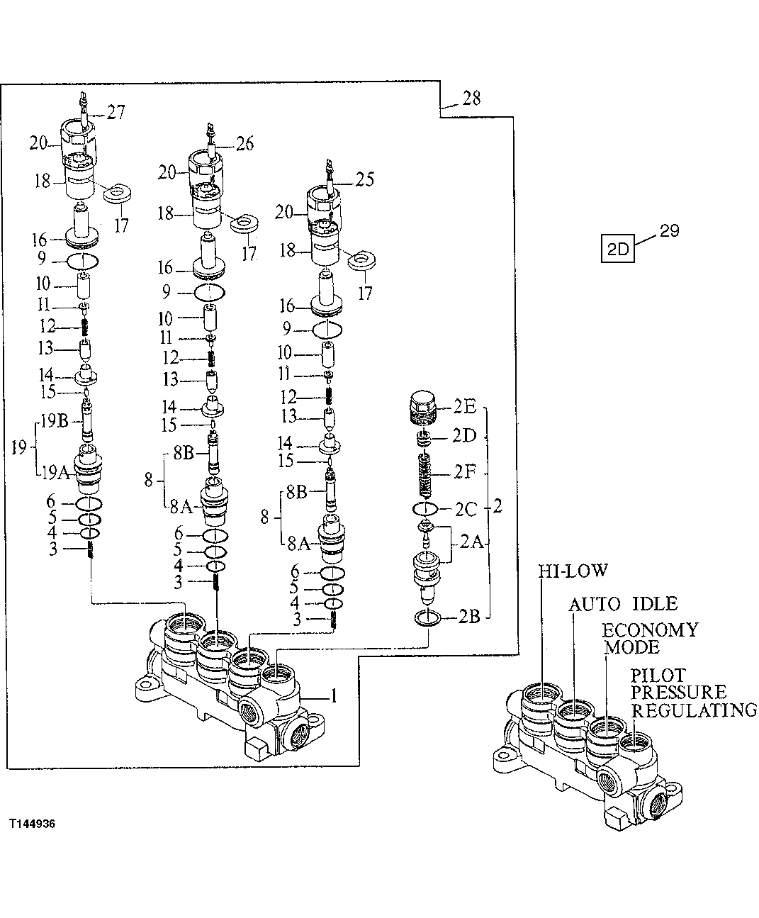 Схема запчастей John Deere 90D - 207 - PILOT HYDRAULICS THREE-SPOOL SOLENOID VALVE 3360 HYDRAULIC SYSTEM