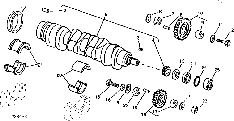 Схема запчастей John Deere 90D - 13 - CRANKSHAFT, IDLER GEARS AND MAIN BEARINGS 0401 CRANKSHAFT AND MAIN BEARINGS