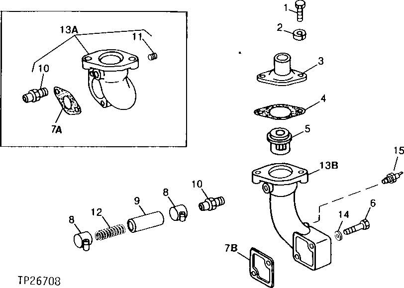 Схема запчастей John Deere 90D - 43 - ENGINE THERMOSTAT AND HOUSING 0418 THERMOSTATS, HOUSING AND WATER PIPING