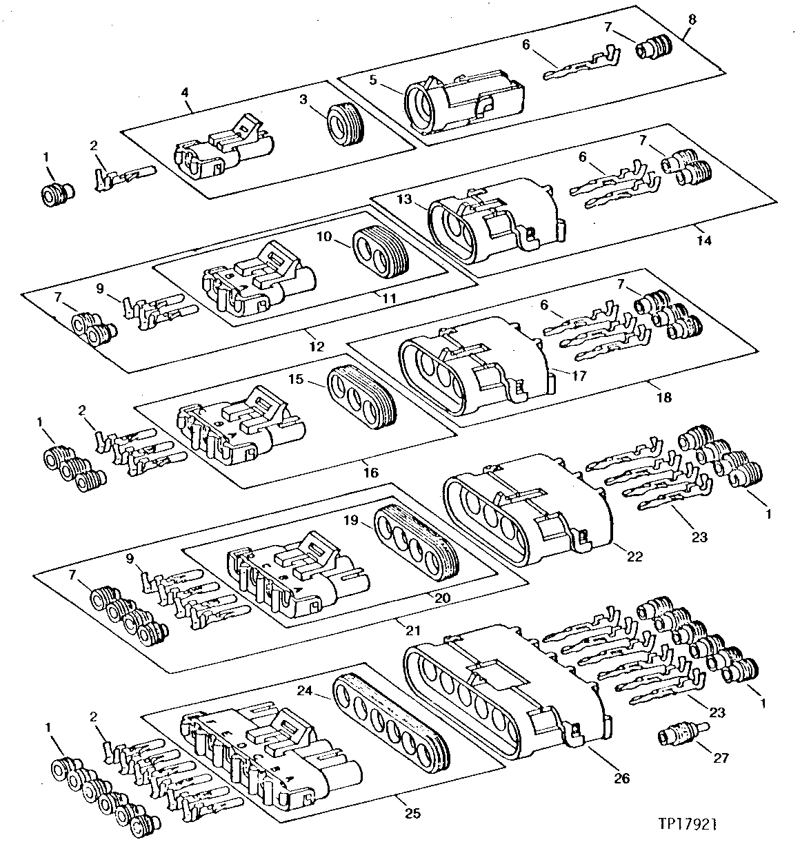 Схема запчастей John Deere 90D - 93 - WEATHERPACK TERMINALS AND CONNECTORS 1674 WIRING HARNESS AND SWITCHES