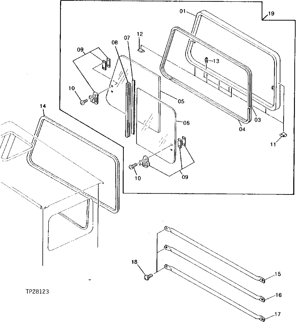 Схема запчастей John Deere 90D - 101 - CAB WINDOW 1810 OPERATOR ENCLOSURE