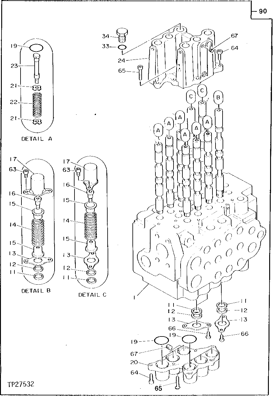 Схема запчастей John Deere 90D - 152 - MAIN HYDRAULIC CONTROL VALVE 3360 HYDRAULIC SYSTEM