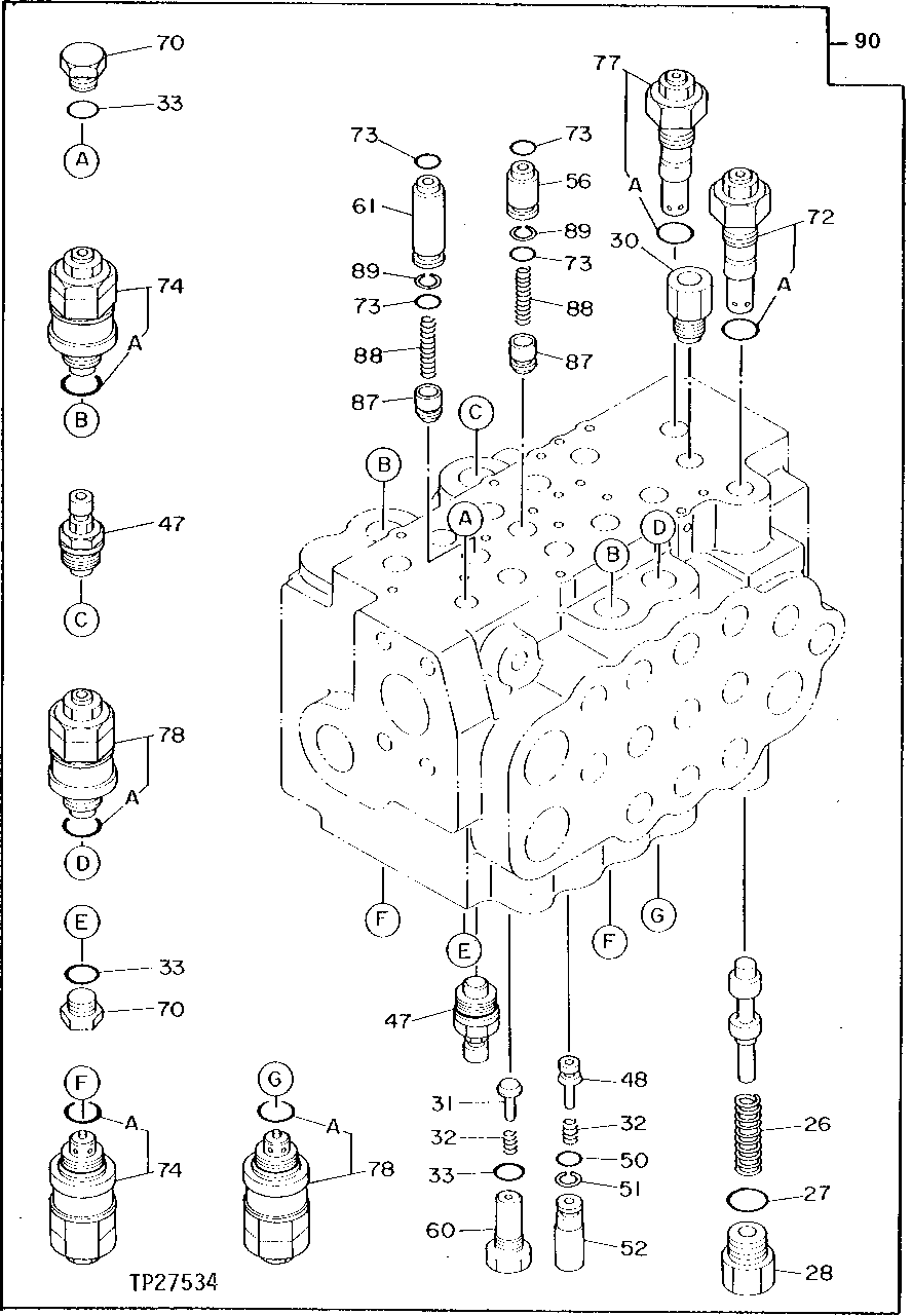 Схема запчастей John Deere 90D - 154 - MAIN HYDRAULIC CONTROL VALVE 3360 HYDRAULIC SYSTEM