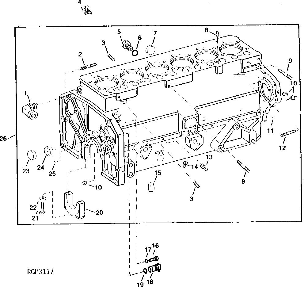 Схема запчастей John Deere 92DLC - 3A - CYLINDER BLOCK, FITTINGS AND MAIN BEARING CAPS 404 - ENGINE 4