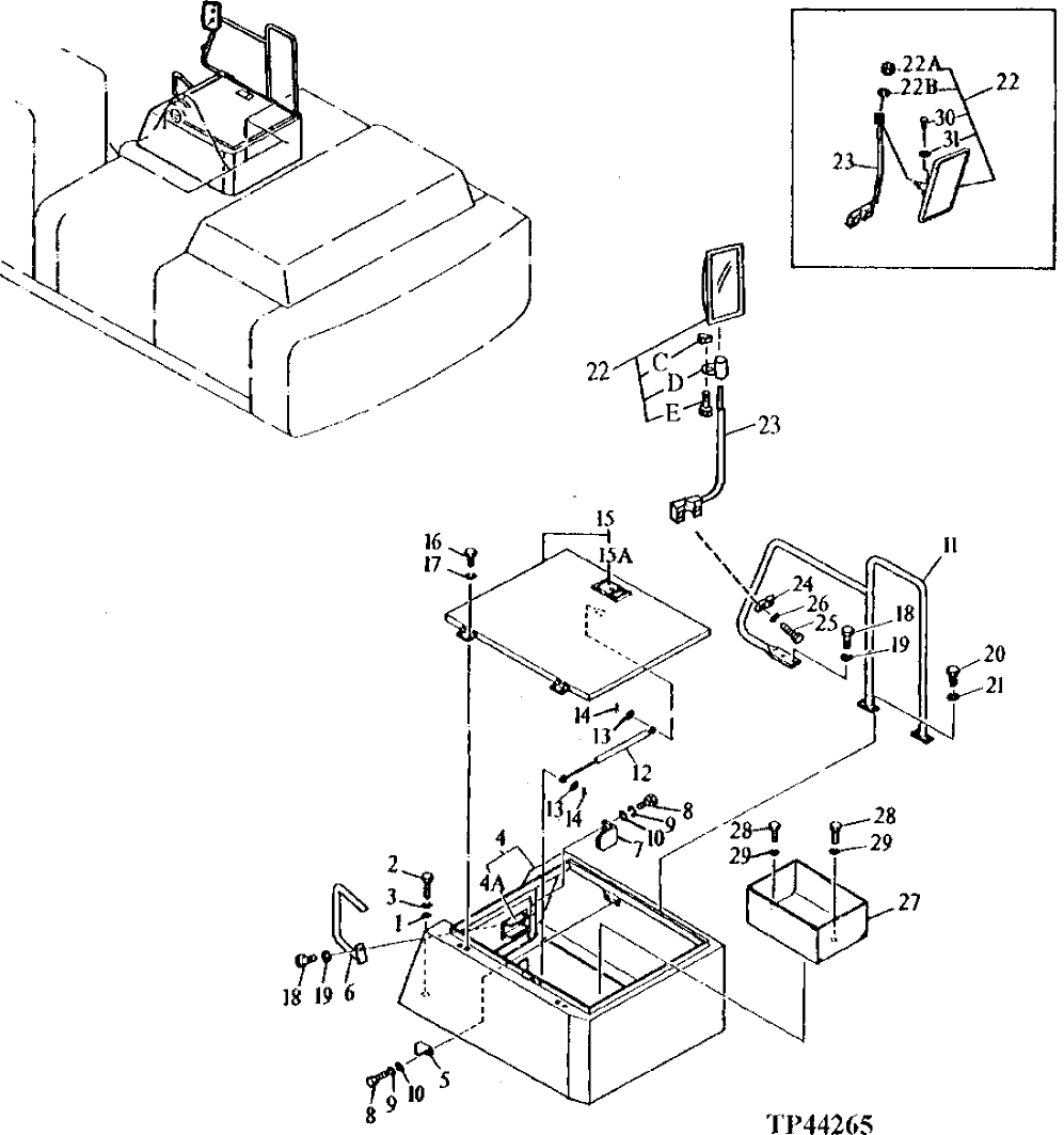 Схема запчастей John Deere 92DLC - 12 - BATTERY COVER, TOOL BOX, MIRROR AND HAND RAIL 1910 - SHEET METAL AND STYLING 19