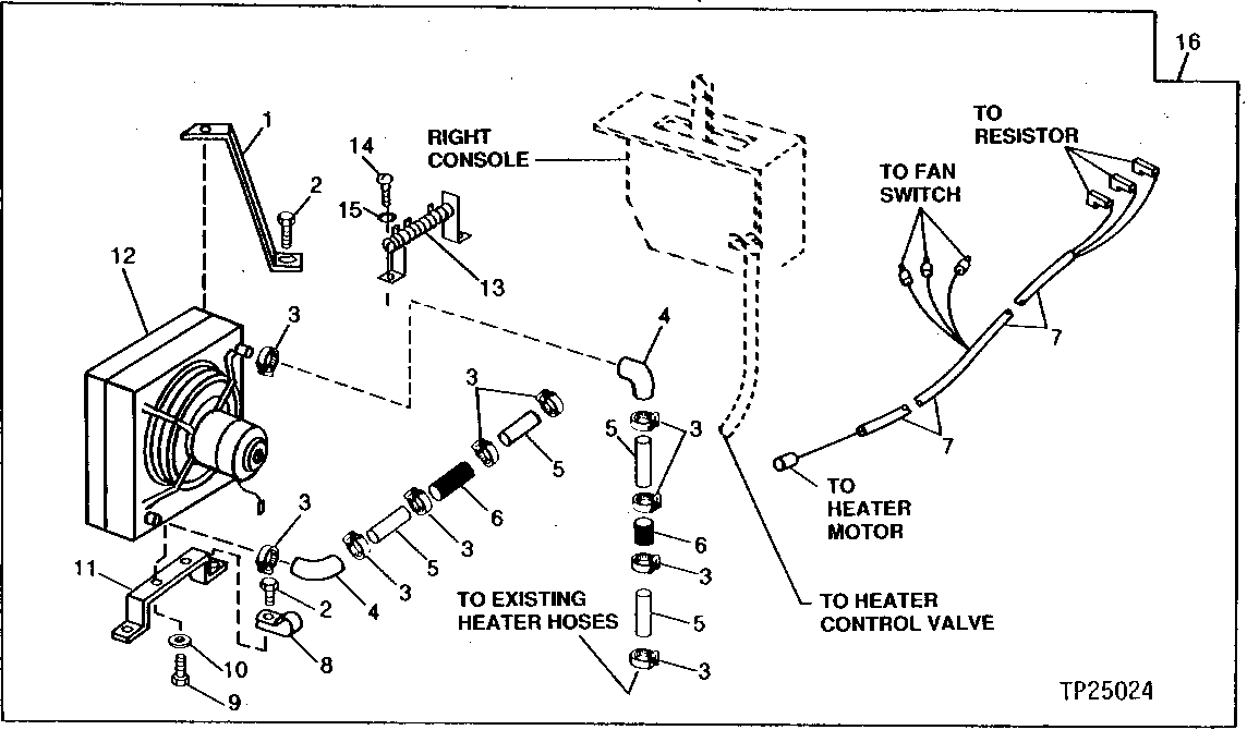 Схема запчастей John Deere 95D - 7 - HEATER MOUNTING BRACKETS, HOSE CONNECTORS AND WIRING HARNESS 1830 - OPERATORS MANUAL 18