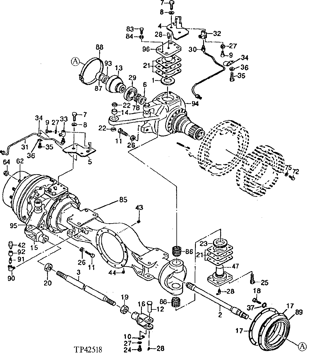 Схема запчастей John Deere 95D - 6 - FRONT AXLE HOUSING AND STEERING KNUCKLE 250 - AXLES AND SUSPENSION SYSTEMS 2