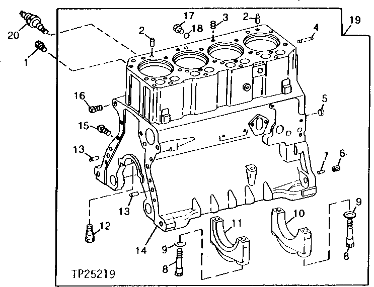 Схема запчастей John Deere 95D - 1 - CYLINDER BLOCK AND MAIN BEARING CAPS 404 - ENGINE 4