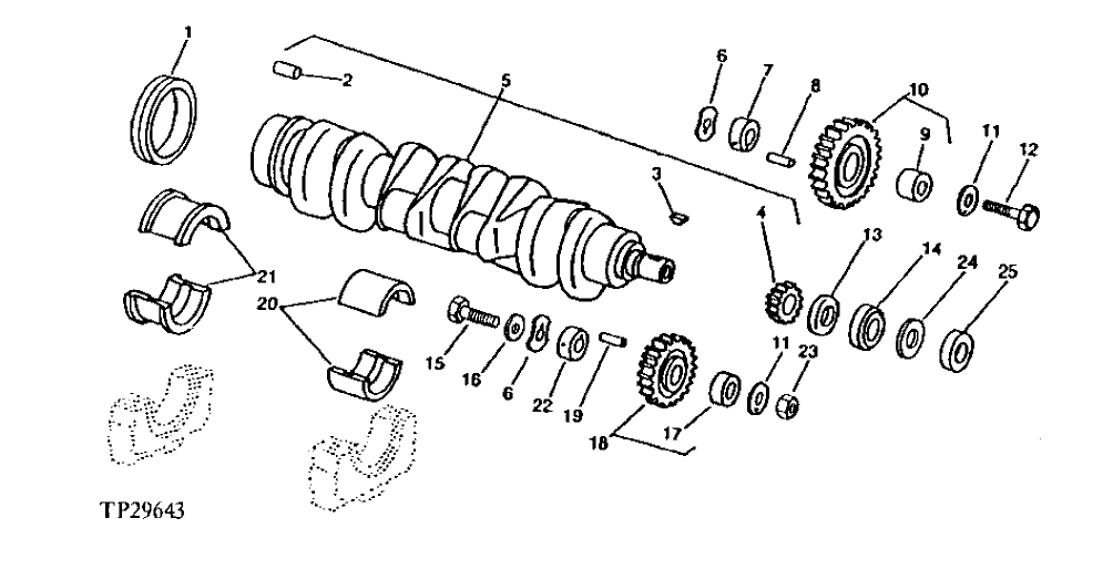 Схема запчастей John Deere 90E - 23 - Crankshaft, Idler Gears / Main Bearings 0401 Crankshaft And Main Bearing 4045TT009 4045TT009