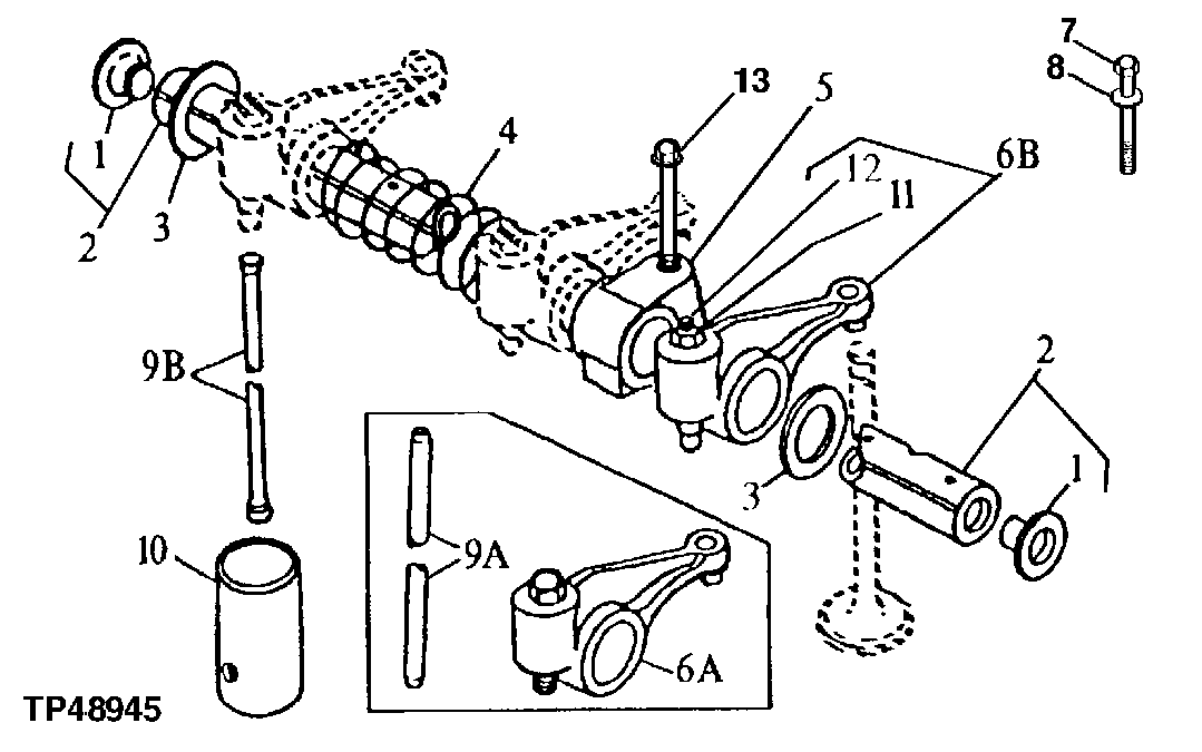 Схема запчастей John Deere 90E - 26 - Rocker Arm Shaft, Push Rods and Rocker Arms 0402 Camshaft And Valve Actuating Means 4045TT009 4045TT009