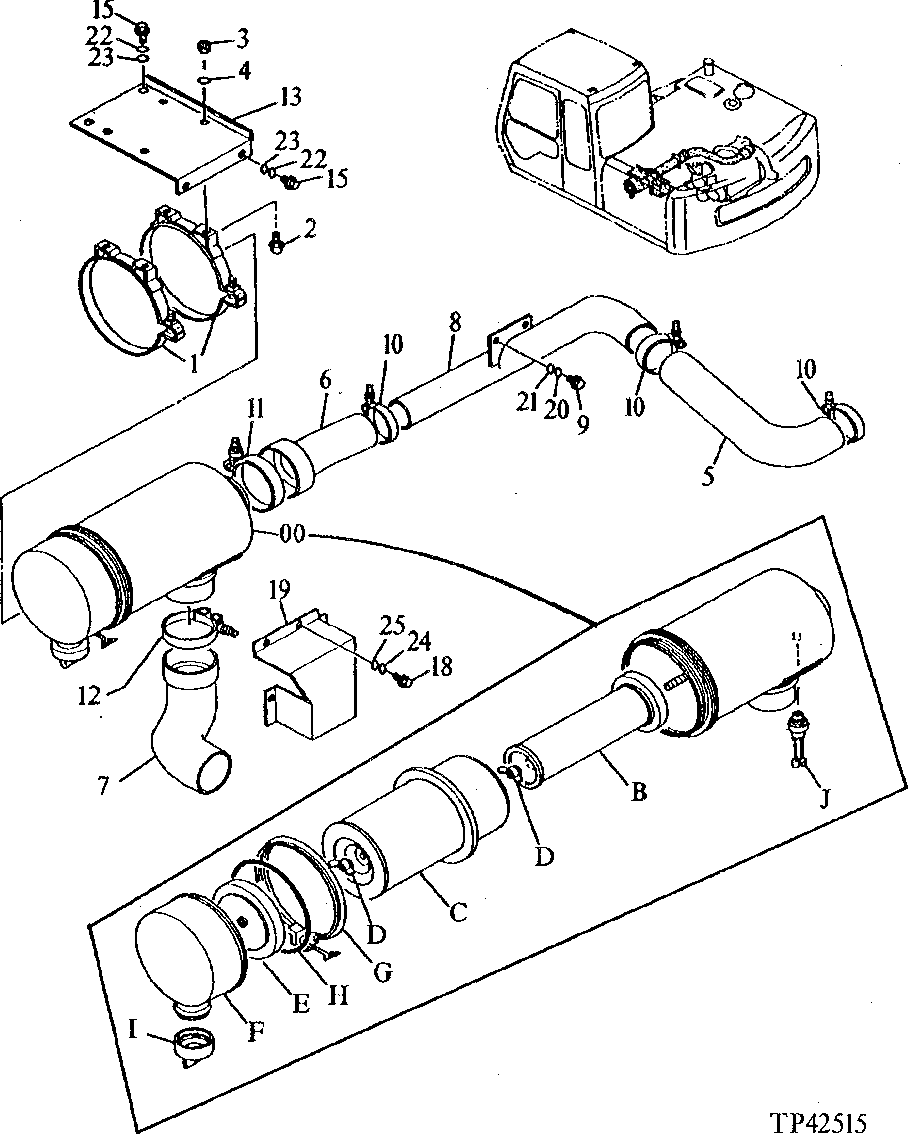 Схема запчастей John Deere 90E - 72 - Air Cleaner Hoses and Bracket 0520 Intake System