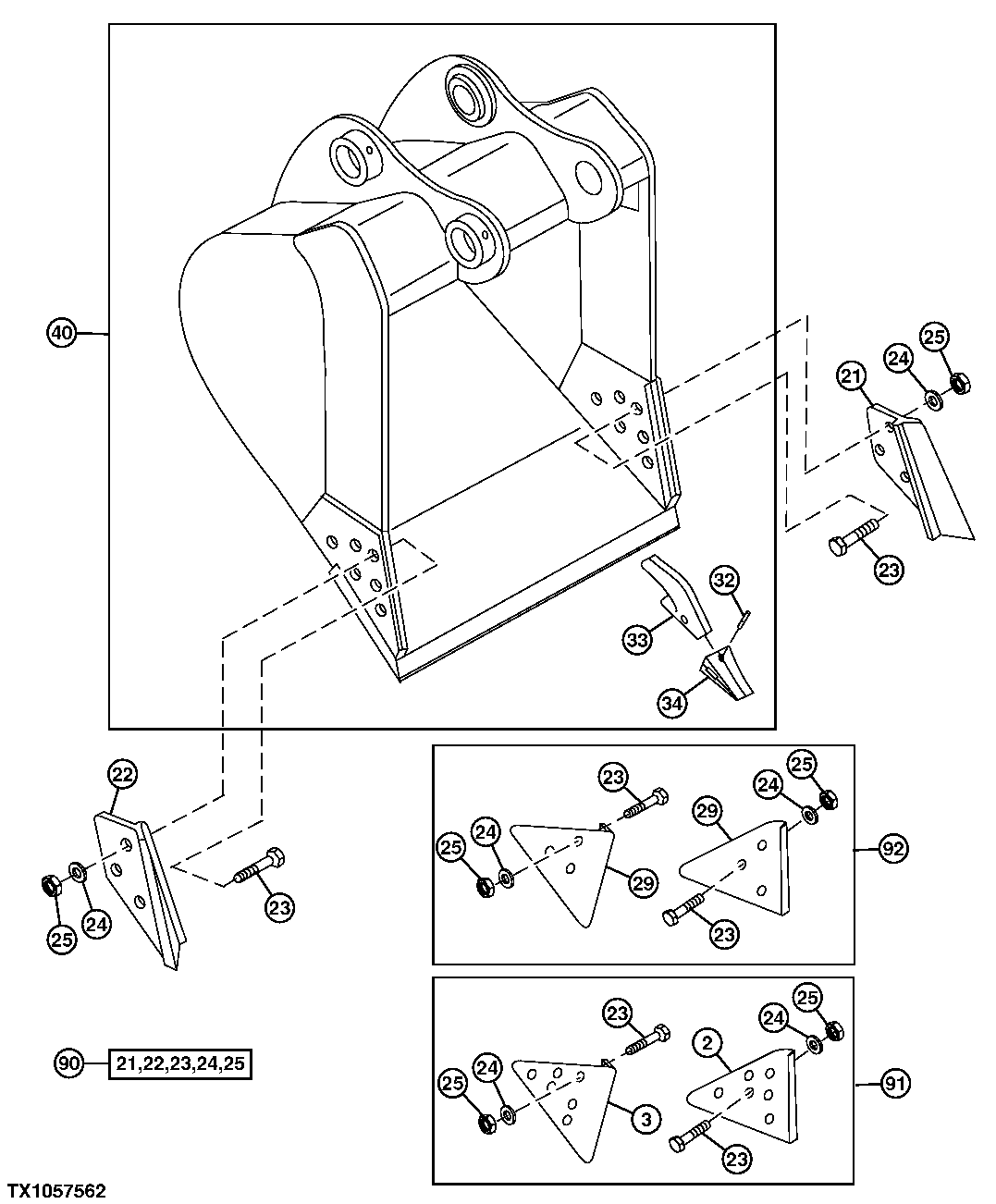Схема запчастей John Deere 90ELC - 198 - Heavy Duty High Capacity Bucket 3302 BUCKETS, TEETH, SHANKS AND SIDECUTTERS