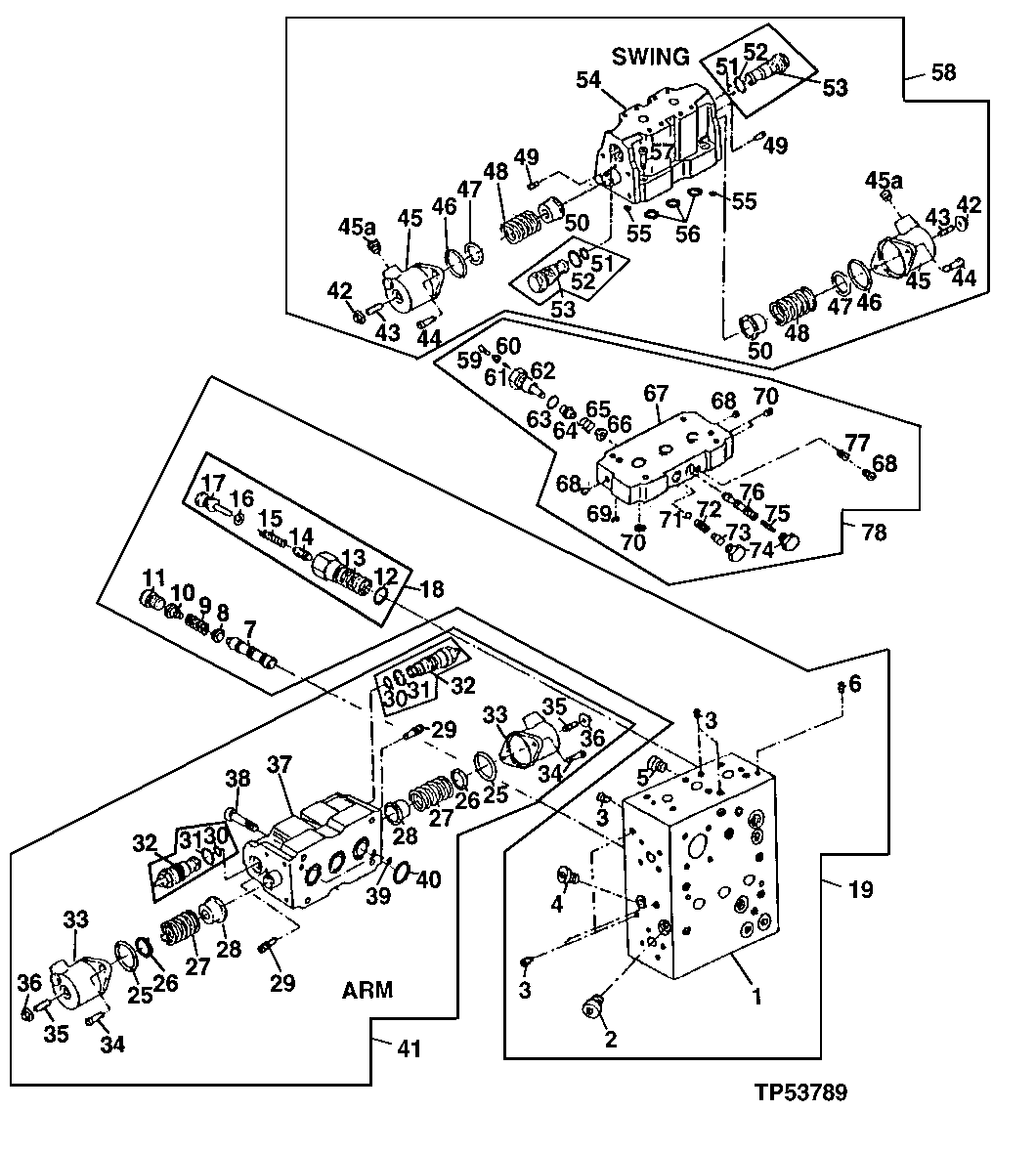 Схема запчастей John Deere 90ELC - 284 - MAIN HYDRAULIC CONTROL VALVE MANIFOLD AND SECTIONS (UPPER) (556936 - ) 2160 HYDRAULIC SYSTEM