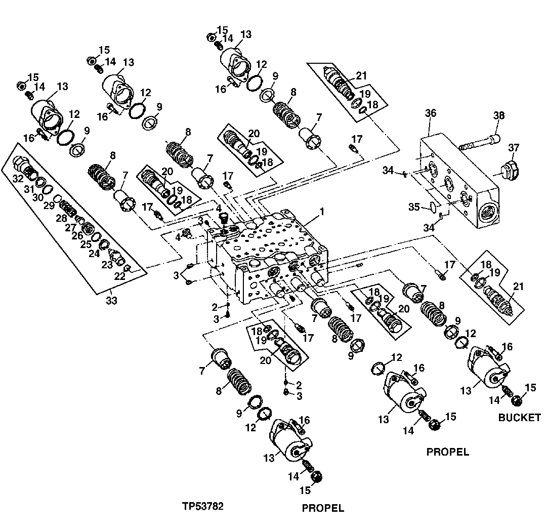 Схема запчастей John Deere 90ELC - 289 - MONOBLOCK CONTROL VALVE ASSEMBLY (556936 - ) 2160 HYDRAULIC SYSTEM