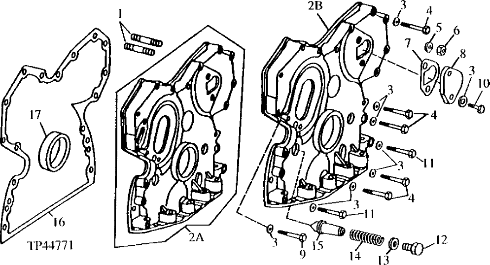 Схема запчастей John Deere 90E - 17 - Timing Gear Cover 0402 Camshaft And Valve Actuating Means 4039DT009 4039DT009