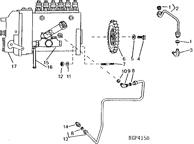 Схема запчастей John Deere 92ELC - 45 - Fuel Injection Pump, Lube Line / Leak-Off Line ( - 574871) 0413 Fuel Injection System 6076AT030 6076AT030