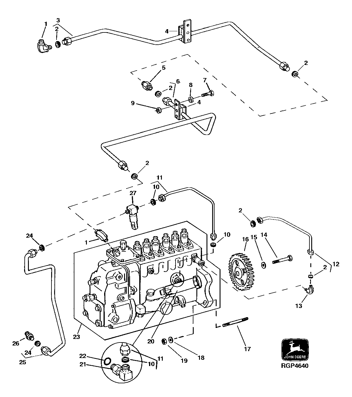 Схема запчастей John Deere 92ELC - 46 - Fuel Injection Pump, Fuel Control Lines And Lube Lines (574872 - ) 0413 Fuel Injection System 6076AT030 6076AT030