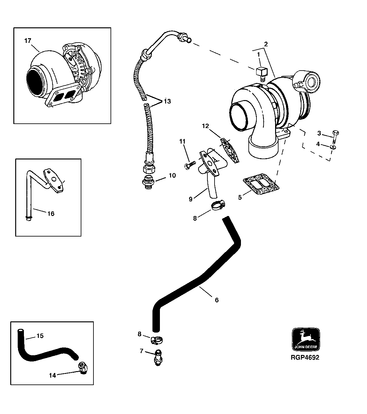 Схема запчастей John Deere 92ELC - 62 - Turbocharger and Oil Lines 0416 Turbocharger 6076AT030 6076AT030