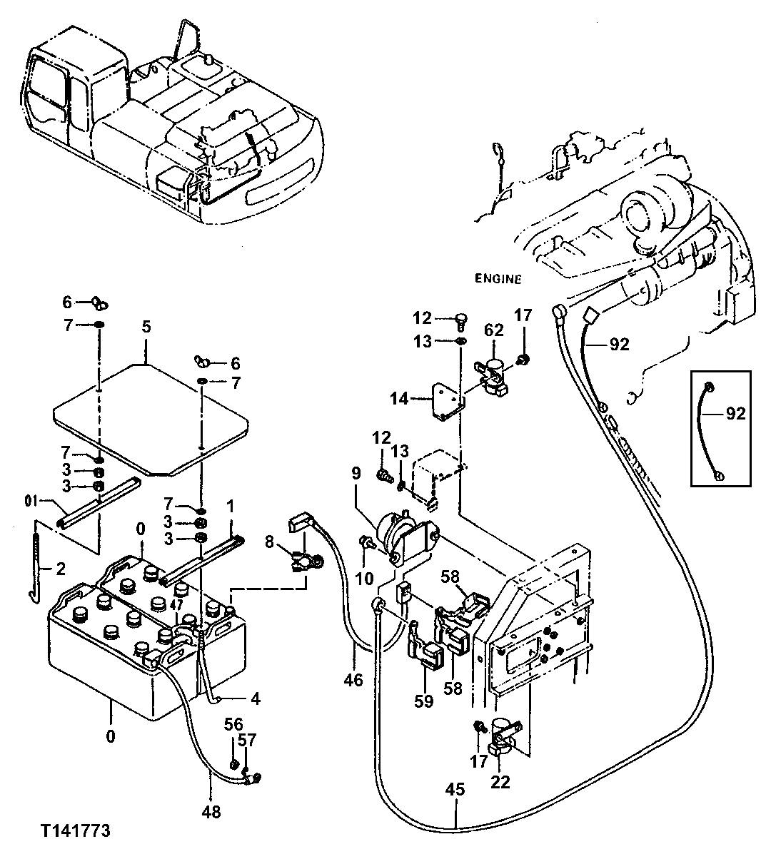 Схема запчастей John Deere 92ELC - 114 - Battery and Cables (011000 - ) 1674 Wiring Harness And Switches