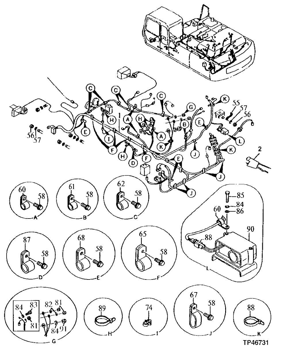 Схема запчастей John Deere 92ELC - 117 - ELECTRIC PARTS ( - 010999) 1674 Wiring Harness And Switches