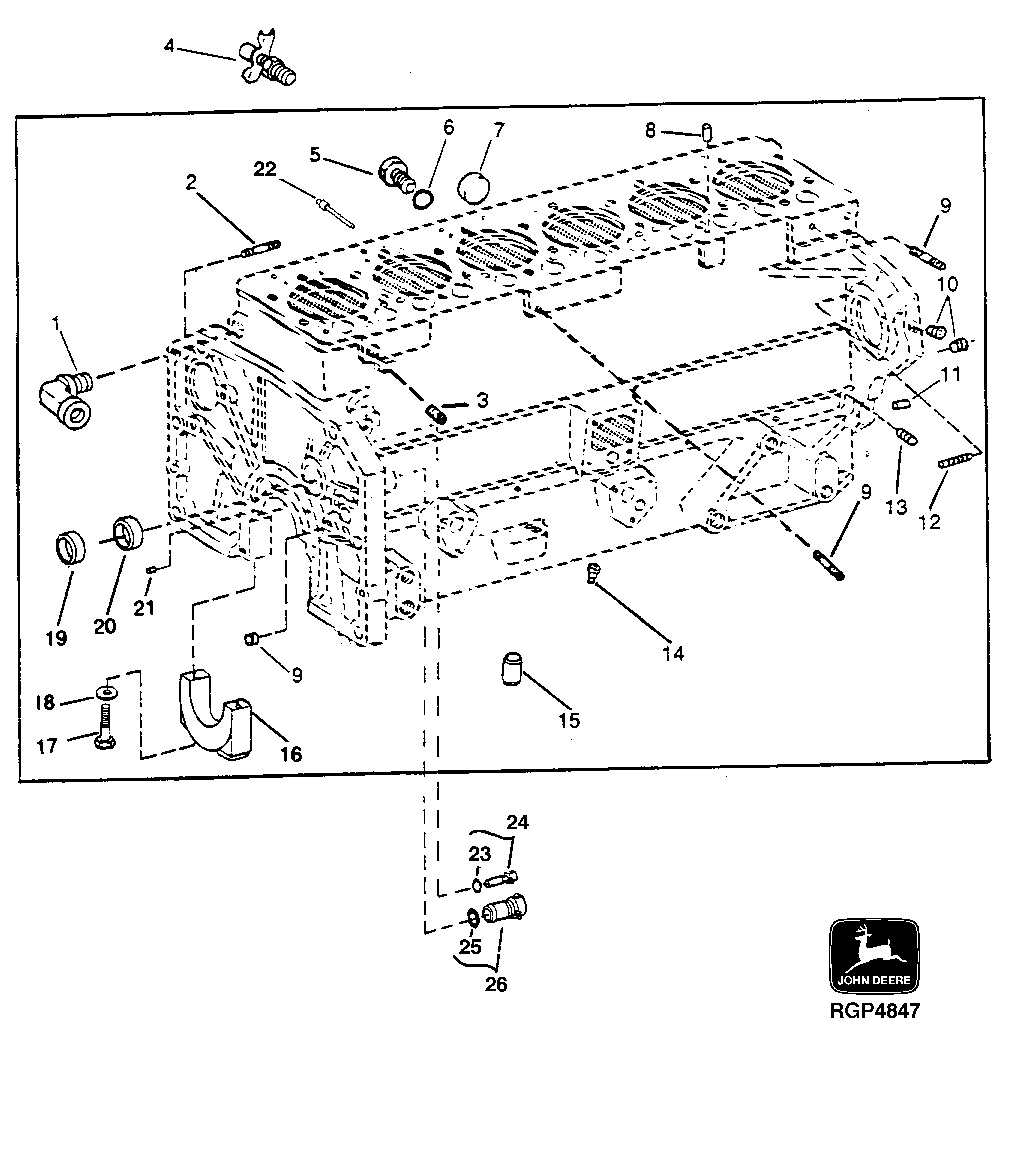 Схема запчастей John Deere 92ELC - 25 - Cylinder Block Fittings And Main Bearing Caps 0404 Cylinder Block 6101AT010 6101AT010