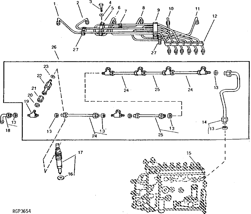 Схема запчастей John Deere 92ELC - 46 - FUEL INJECTION NOZZLES AND FUEL LINES 0413 Fuel Injection System 6101AT010 6101AT010