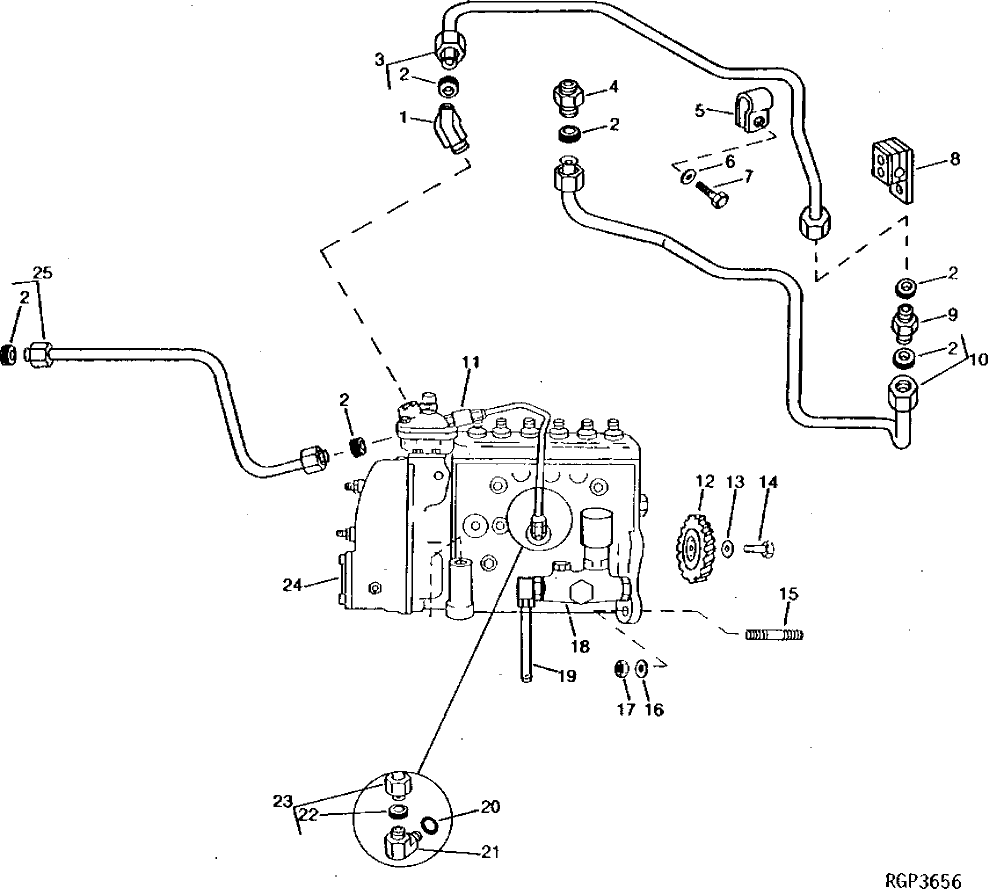 Схема запчастей John Deere 92ELC - 47 - Fuel Injection Pump, Fuel Control Lines And Lube Lines 0413 Fuel Injection System 6101AT010 6101AT010