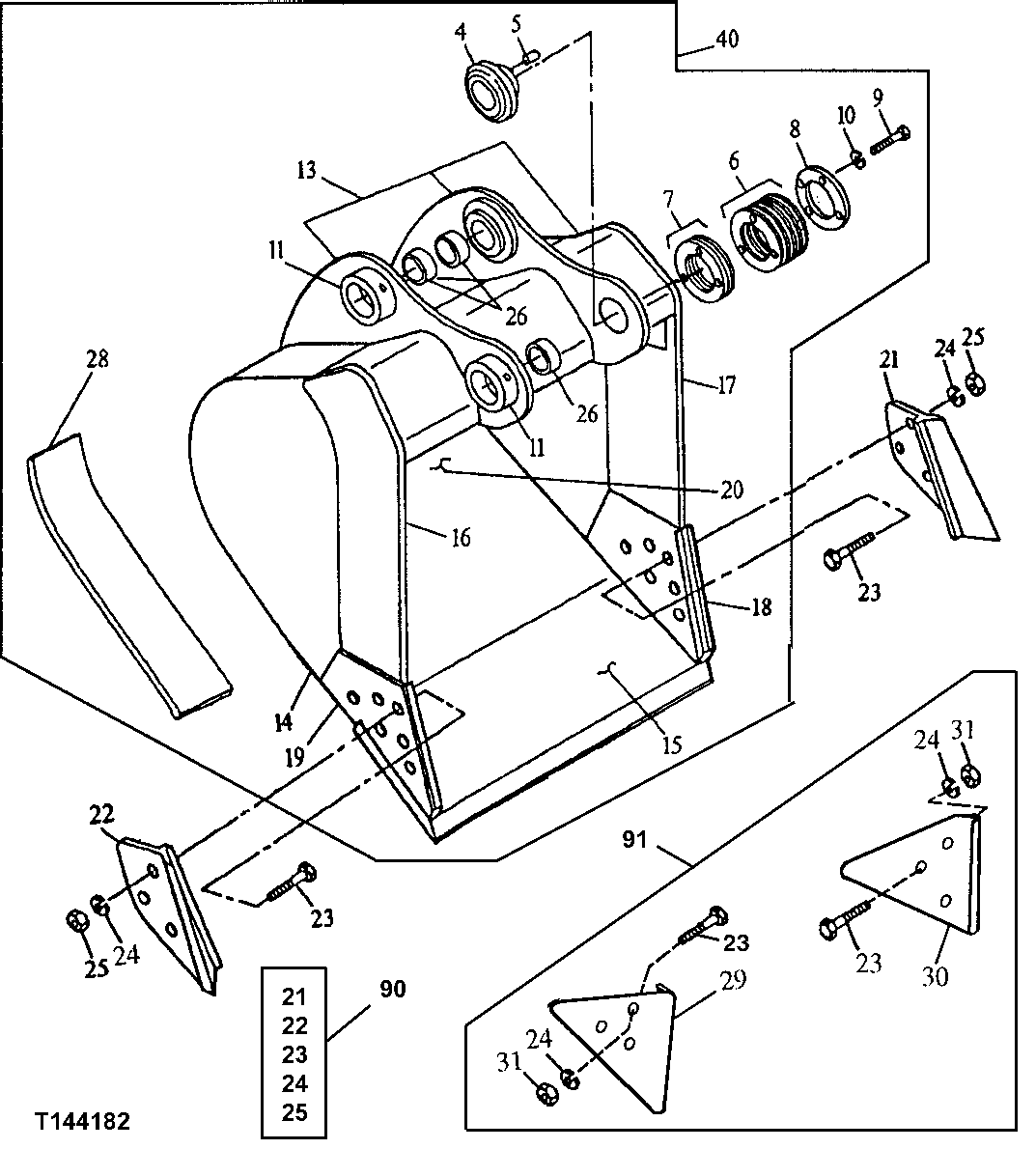 Схема запчастей John Deere 92ELC - 209 - GENERAL PURPOSE BUCKET FOR USE WITH SHORT ARM (ALSO ORDER BUCKET TEETH) 3302 BUCKETS, TEETH, SHANKS AND SIDECUTTERS