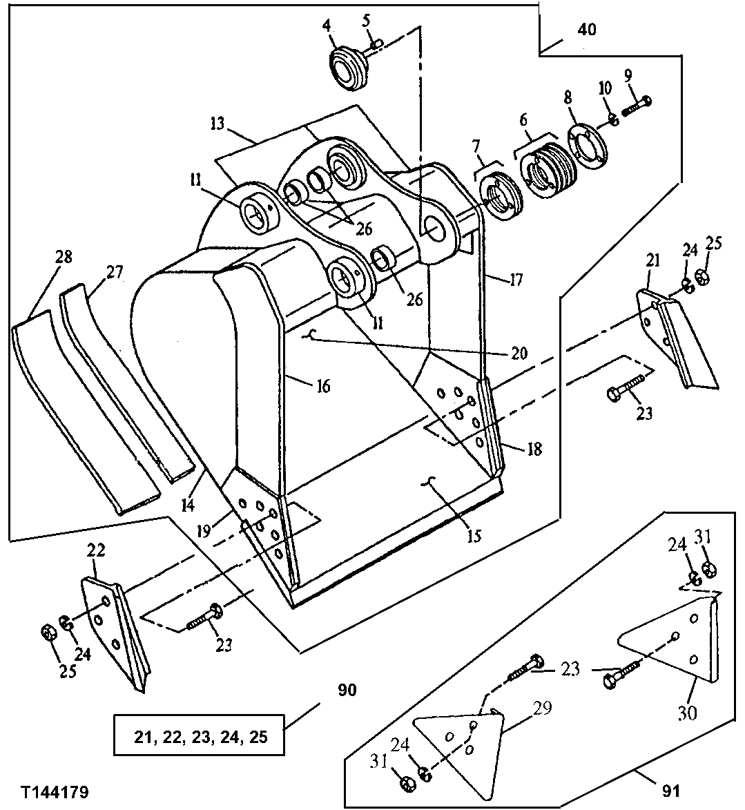 Схема запчастей John Deere 92ELC - 210 - Heavy Duty Bucket (Also Order Bucket Tooth Assemblies) 3302 BUCKETS, TEETH, SHANKS AND SIDECUTTERS