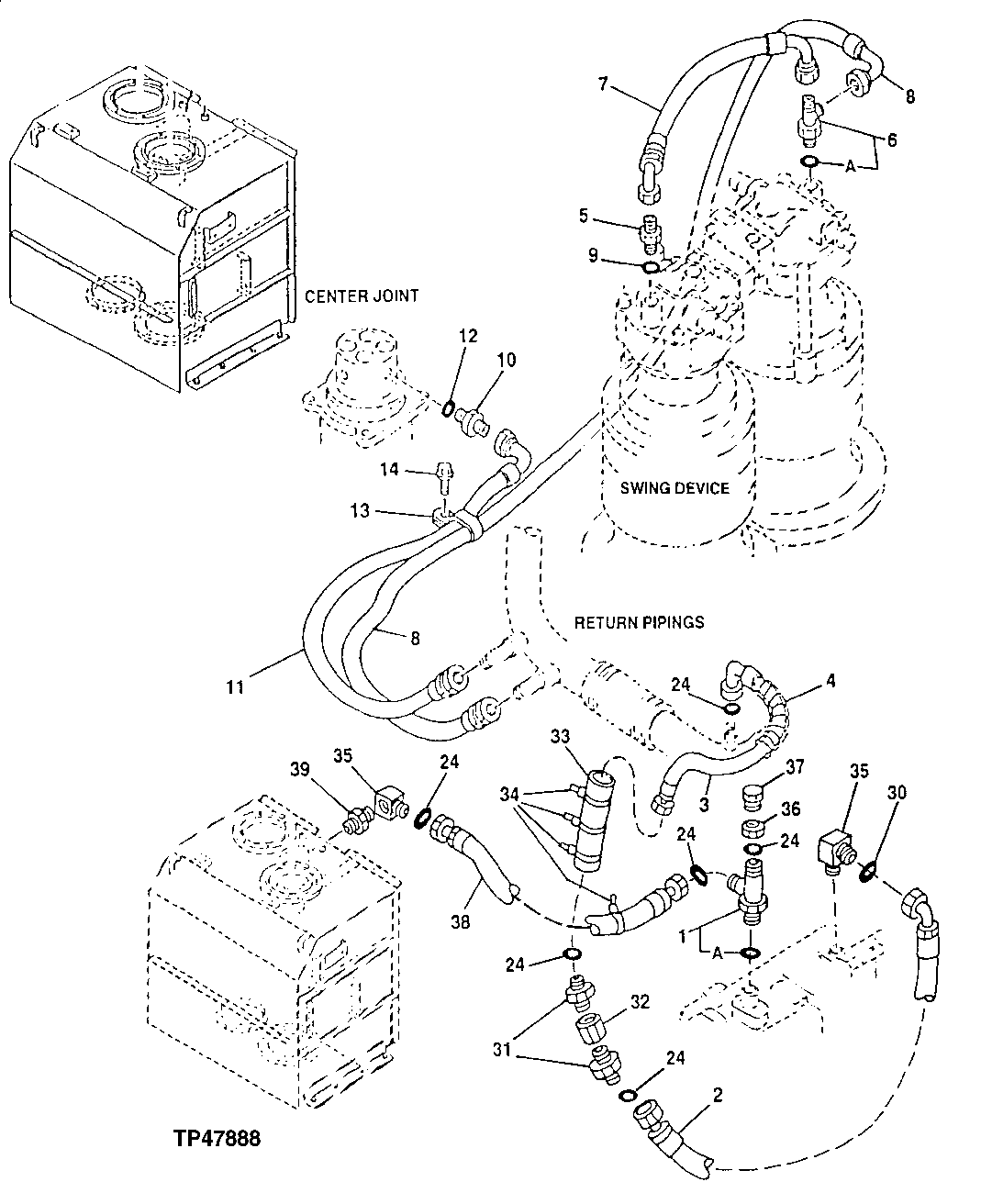 Схема запчастей John Deere 92ELC - 255 - DRAIN PIPINGS ( - 006162) 3360 HYDRAULIC SYSTEM