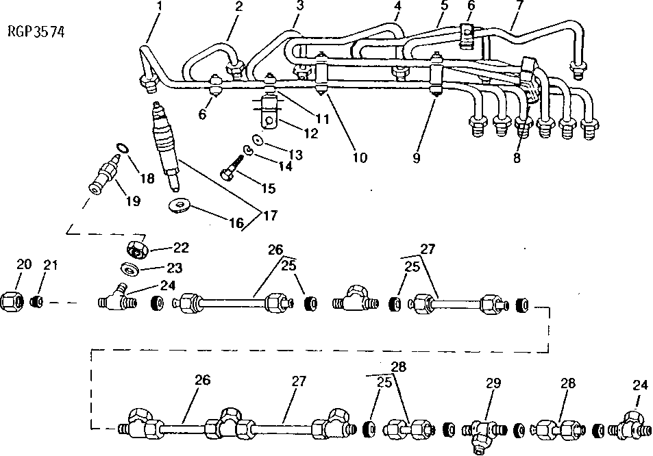 Схема запчастей John Deere 92DLC - 37 - Fuel Injection Nozzles and Lines ( - 558133) 0413 Fuel Injection System 6076AT033 6076AT033