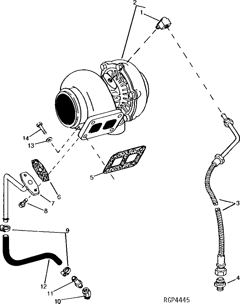 Схема запчастей John Deere 92DLC - 48 - Turbocharger and Oil Lines 0416 Turbocharger 6076AT033 6076AT033