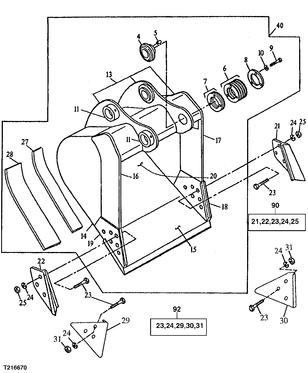 Схема запчастей John Deere 92DLC - 137 - General Purpose Bucket (Also Order Bucket Tooth Assemblies) 3302 BUCKETS, TEETH, SHANKS AND SIDECUTTERS