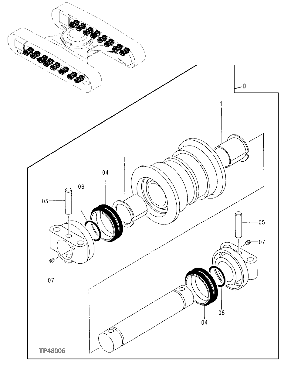 Схема запчастей John Deere 00LC - 7 - LOWER ROLLER (SERIAL NO. -500004) ( - 500004) 0130 TRACK SYSTEMS