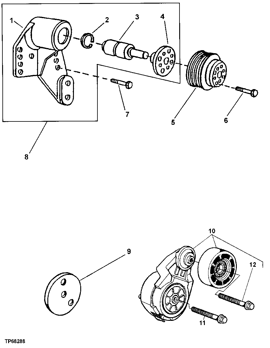 Схема запчастей John Deere 00LC - 66 - FAN DRIVE,PULLEYS AND BELT TENSIONERS (071872 - ) 0429A FAN DRIVE PE6068TT051 PE6068TT051