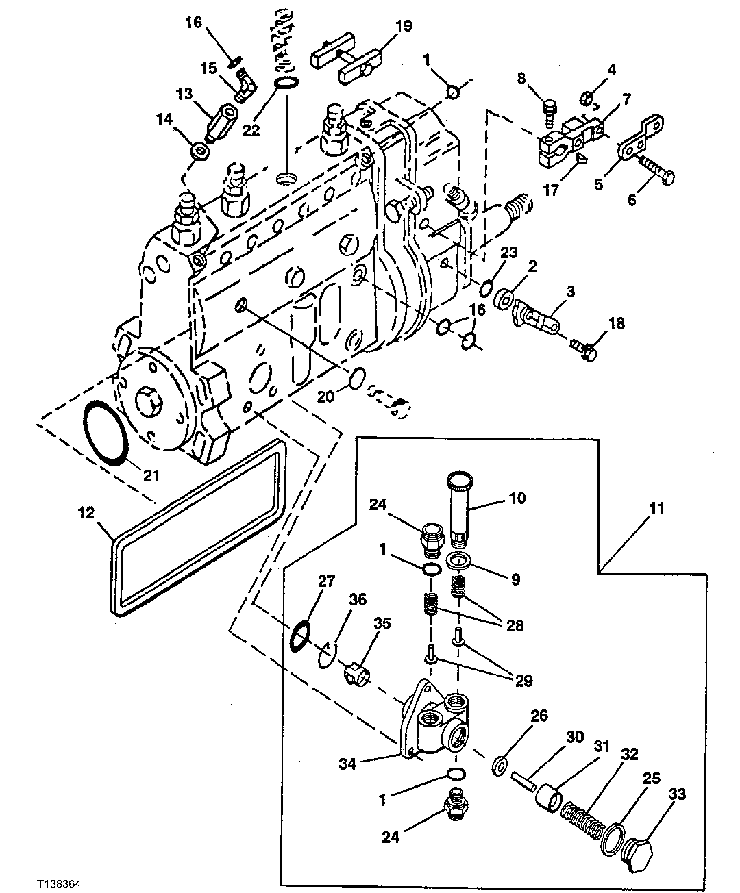 Схема запчастей John Deere 00LC - 98 - FUEL INJECTION PUMP LEVERS AND TRANSFER PUMP ( - 830633) 0413B Fuel Injection System T06068TT051 T06068TT051