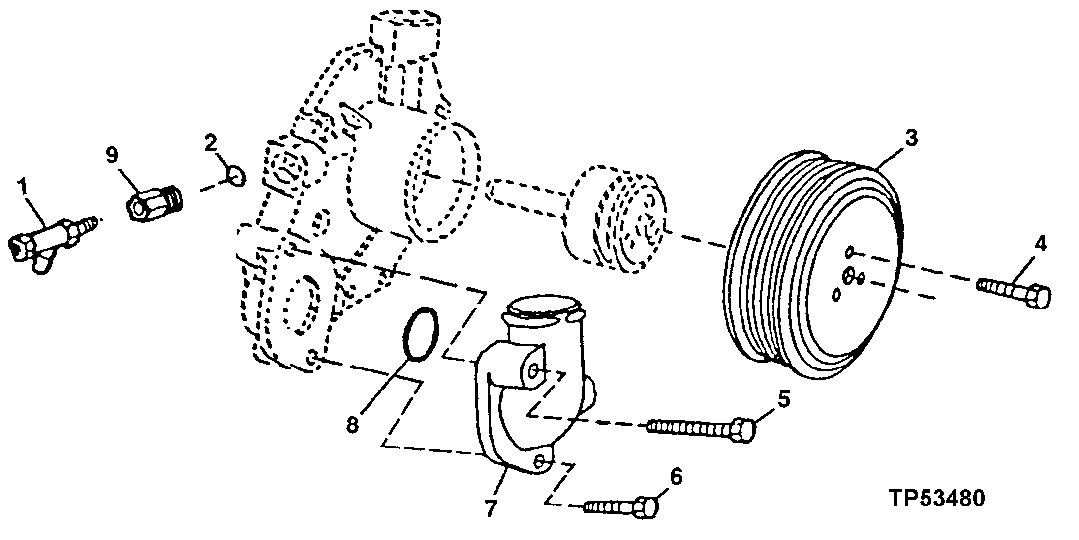 Схема запчастей John Deere 00LC - 103 - WATER PUMP INLET AND PULLEY ( - 830633) 0417B Water Pump T06068TT051 T06068TT051